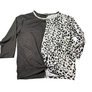 Vintage Rose Black Leopard Print Twist Front Crew‎ Neck 3/4 Sleeve Top Size M